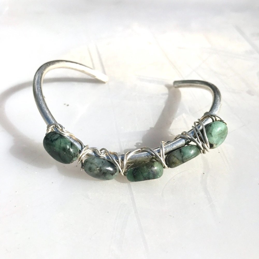 Natural Emerald Sterling Silver Cuff Bracelet Gemstone Untreated 925 Green
